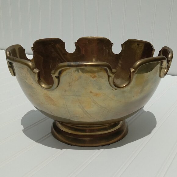 ANDREA BY SADEK Brass Pedestal Bowl Scalloped with Crown Detailing Large MCM Vtg